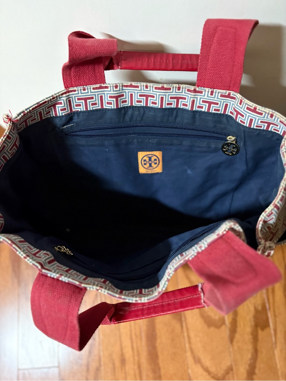 Tory Burch Red Patterned Tote Bag with Gold Accent - Picture 6 of 6